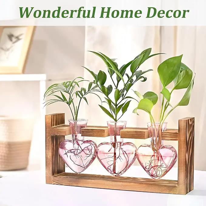 Lifecapido Heart Shaped Propagation Stations, Plant Terrarium with Wooden Stand, Plant Propagation Station for Hydroponics Plants Office Garden Home Decor, Gifts for Women Plant Lover (3 Vases, Pink) by GreenHaven Gardens