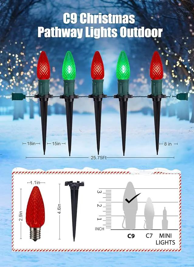 C9 LED Christmas Lights Outdoor with stakes, 25.7ft 20 LED Strawberry String Lights, Connectable Shatterproof Pathway Lights Marker for Path, Lane, Patio, Xmas Holiday Decorations, Red and Green by GreenHaven Gardens