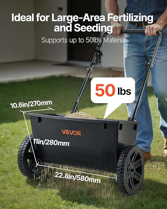 VEVOR Broadcast Spreader, 50LBS Capacity, Walk-Behind Push Spreader, 18 in Spreading Width, 8 in All Terrain Pneumatic Tires, Lawn Spreaders with Hopper Grate, for Seed, Fertilizer, Ice Melt by GreenHaven Gardens