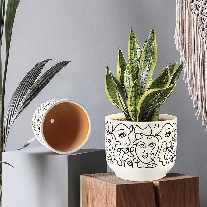 Docrin Plant Pots Indoor with Drainage : 6.6+5.4 Inch Ceramic Flower Pots for Plants - Set of 2 Modern Decorative Face Planters for House/Office/Gift - /Black and White by GreenHaven Gardens