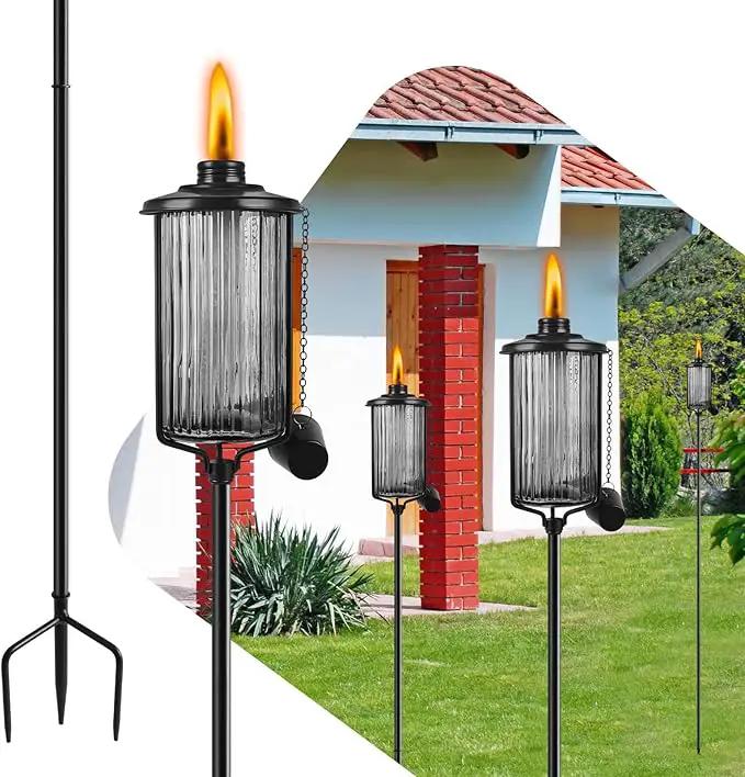 4 Pack Glass Citronella Torches, 16 oz Garden Torches for Outside with 3-Prong Grounded Stake, 55 inch Outdoor Black Glass Flame Light Torch for Yard, Patio, Deck, Garden, Party, Landscape by GreenHaven Gardens