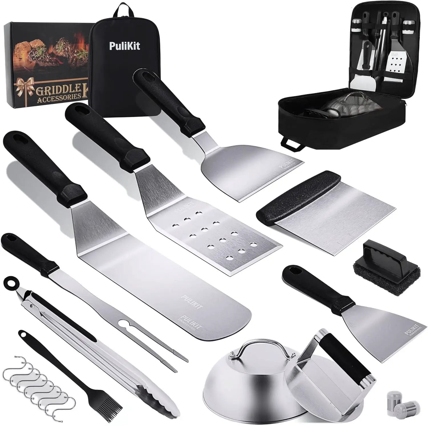 Griddle Accessories Kit for Blackstone Griddle- Stainless Steel Flat Top Grill Tools Set with Spatulas, Basting Cover & Carry Bag - Complete BBQ Cooking Kit for Outdoor, Backyard (Ideal Gift for Men) by GreenHaven Gardens