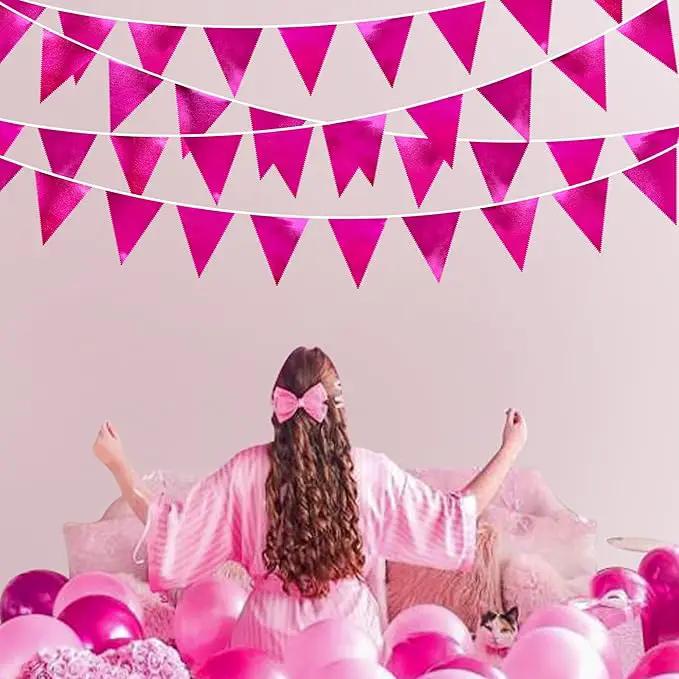 Hot Pink Party Decorations Triangle Pennant Banner Flag Rose Pink Metallic Fabric Bunting Garland for Birthday Bachelorette Wedding Bridal Shower Anniversary Flamingo Theme Party Supplies by GreenHaven Gardens
