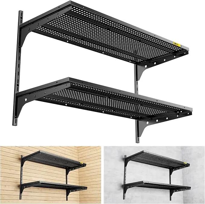 2 Tier 1.3x3ft Garage Shelving Wall Mounted, 400 lbs Load Capacity,15.6x36inch per Shelf Height Cassette Adjustable Floating Shelves(Black) by GreenHaven Gardens