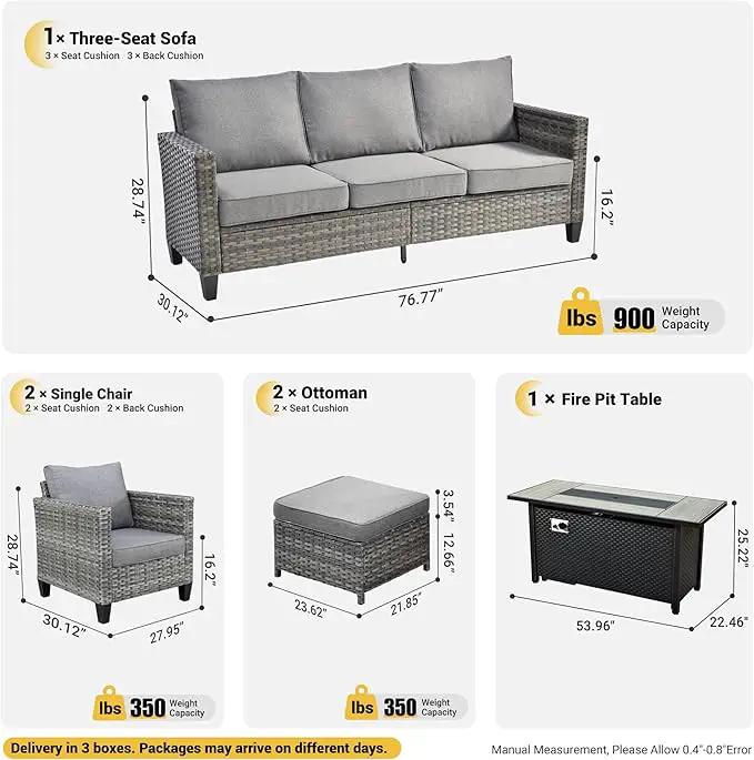 ovios 6 Pieces Patio Furniture Set with 54" Fire Pit Table, Outdoor Wicker Sofa with Comfy Cushions, All Weather High Back Rattan Couch Conversation Set, Dark Grey by GreenHaven Gardens