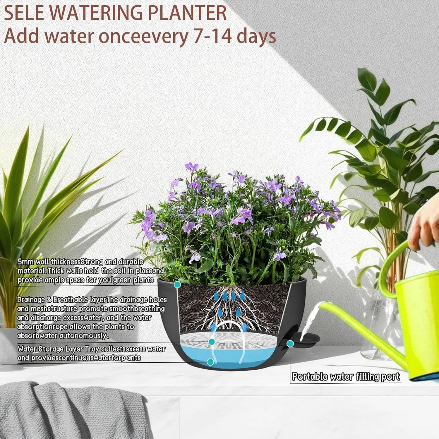 2 Pack 12 Inch Large Hanging Planters with Chains Self Watering Black Plastic Hanging Pots for Indoor Outdoor Plants, Garden Porch Home Decor，Black by GreenHaven Gardens