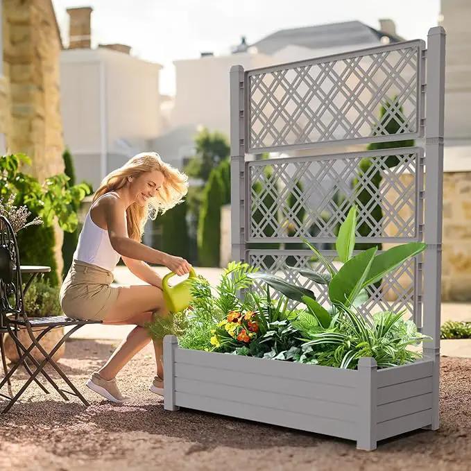 59.3in Planter Box Trellis, Large Outdoor Plastic Raised Garden Bed with Drain Plug for Climbing Plants(Gray,43.43 * 18.27 * 59.29) by GreenHaven Gardens