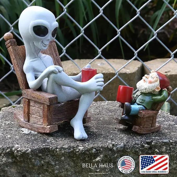 Andre' & Fritz | Celebrating Friendship with a Morning Cup of Coffee | Whimsical Extraterrestrial Outdoor Decor | Garden Statue 2pc Resin Set 6.25”/ 3.50” Tall (Coffee with Friends) by GreenHaven Gardens