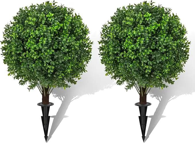 22" Artificial Boxwood Topiary Ball Trees with Ground Spike Set of 2 - UV Resistant Faux Green Shrubs & Bushes Potted Plants for Outdoor Indoor Front Porch Garden by GreenHaven Gardens