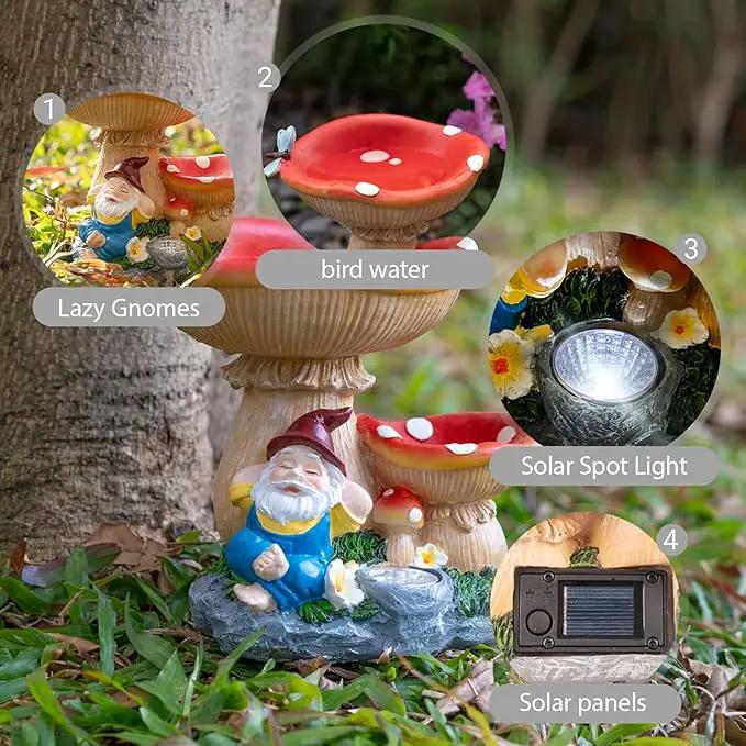 Solar Garden Statue Gnomes Figurine Lights, Bird Water Feeder and Gnomes who are Lazy Under Mushrooms, Outdoor Yard Decorations for Patio Porch Home, Garden Gifts for Women Mom by GreenHaven Gardens