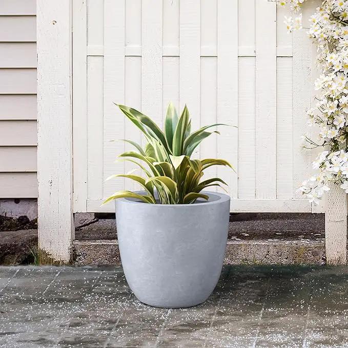 Kante 14 Inch Dia Round Concrete Planter, Indoor Outdoor Large Plant Pot with Drainage Hole and Rubber Plug for Home Patio Garden, Slate Gray by GreenHaven Gardens