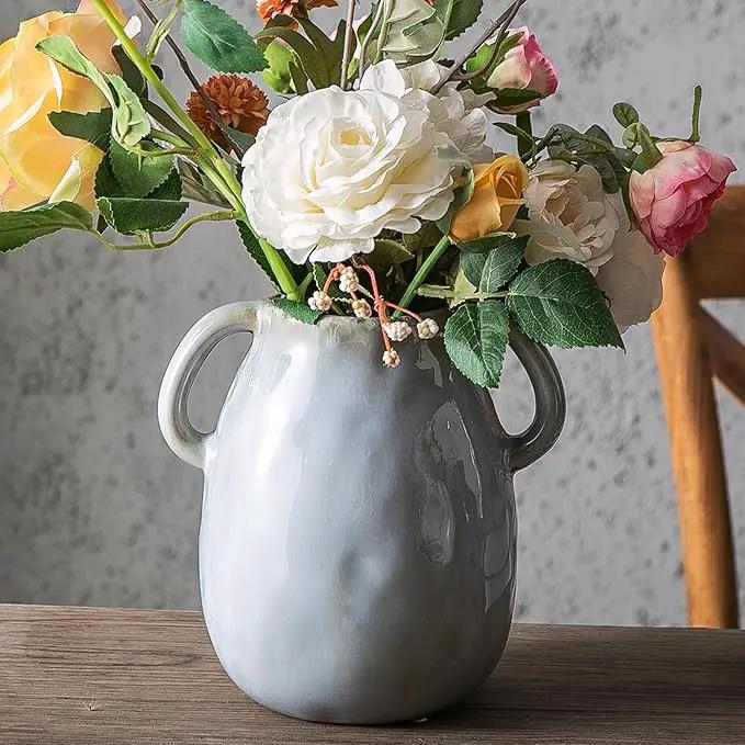 Kimdio Ceramic Vase with 2 Handles, Modern Farmhouse Grey Vase for Home Decor, Rustic Pottery Vase, Boho Decorative Terracotta for Flowers, Clay Pampas Grass Vases for Living Room Dining Table Shelves by GreenHaven Gardens