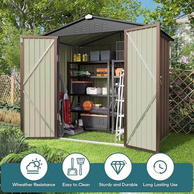 Gizoon Outdoor Storage Shed 6 x 4 FT, Galvanized Metal Garden Shed with Double Lockable Doors, Outdoor Storage Clearance for Backyard Patio Lawn-Light Brown by GreenHaven Gardens