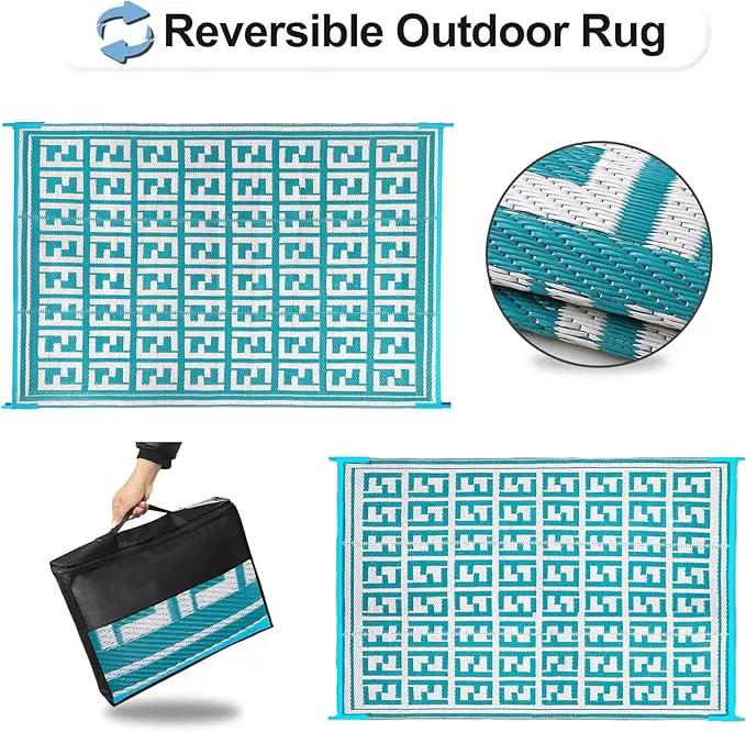 OutdoorLines Outdoor Plastic Area Rugs for Patio 5x8 ft - Reversible Outside Carpet, Stain & UV Resistant RV Mats, Straw Rug for Camping, Deck Garden, Porch and Balcony, Geometry Teal & Light Grey by GreenHaven Gardens