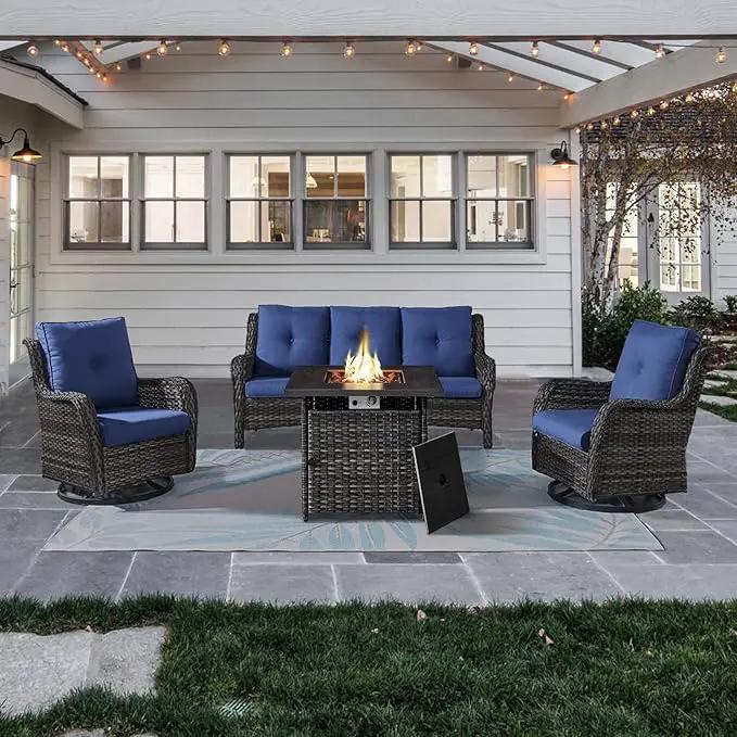 Outdoor Patio Furniture Set with 50000BTU Propane Fire Pit Table, 4 Pieces Wicker Patio Conversation Set with 2 Swivel Rocker Glider Chairs Rattan Sofa Blue Cushion Perfect for Gathering by GreenHaven Gardens