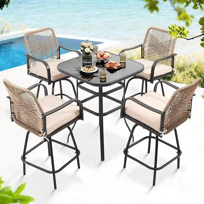 Outdoor Bar Stools Set of 2, Patio Swivel Counter Height Rattan Bar Stools, Patio Wicker Bar Swivel Chairs with Cushion, Outdoor Pool Bar Chairs for Backyard Garden Balcony w /360 Rotation by GreenHaven Gardens