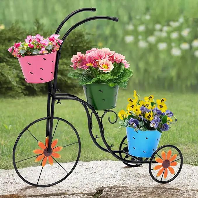 BAYN Bicycle Planter Stand, Metal Flower Pot Cart Holder with 3 Plant Bucket Outdoor Decorative for Patio, Deck, Garden or Lawn by GreenHaven Gardens