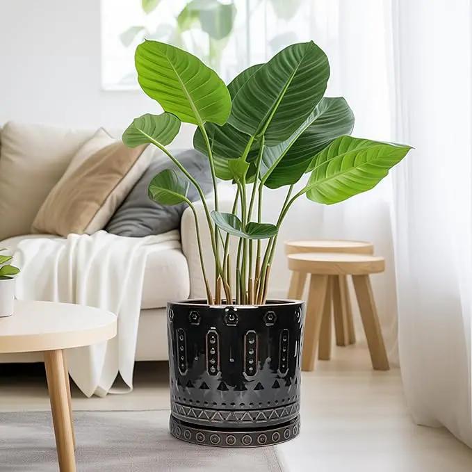 Ceramic Planter for Indoor Plants - 10 Inch Plant Pots with Drainage Hole and Saucer, Round Decorative Flower Pots Outdoor, Boho Large Planter, Room Decor, House Warming Gifts, Black by GreenHaven Gardens