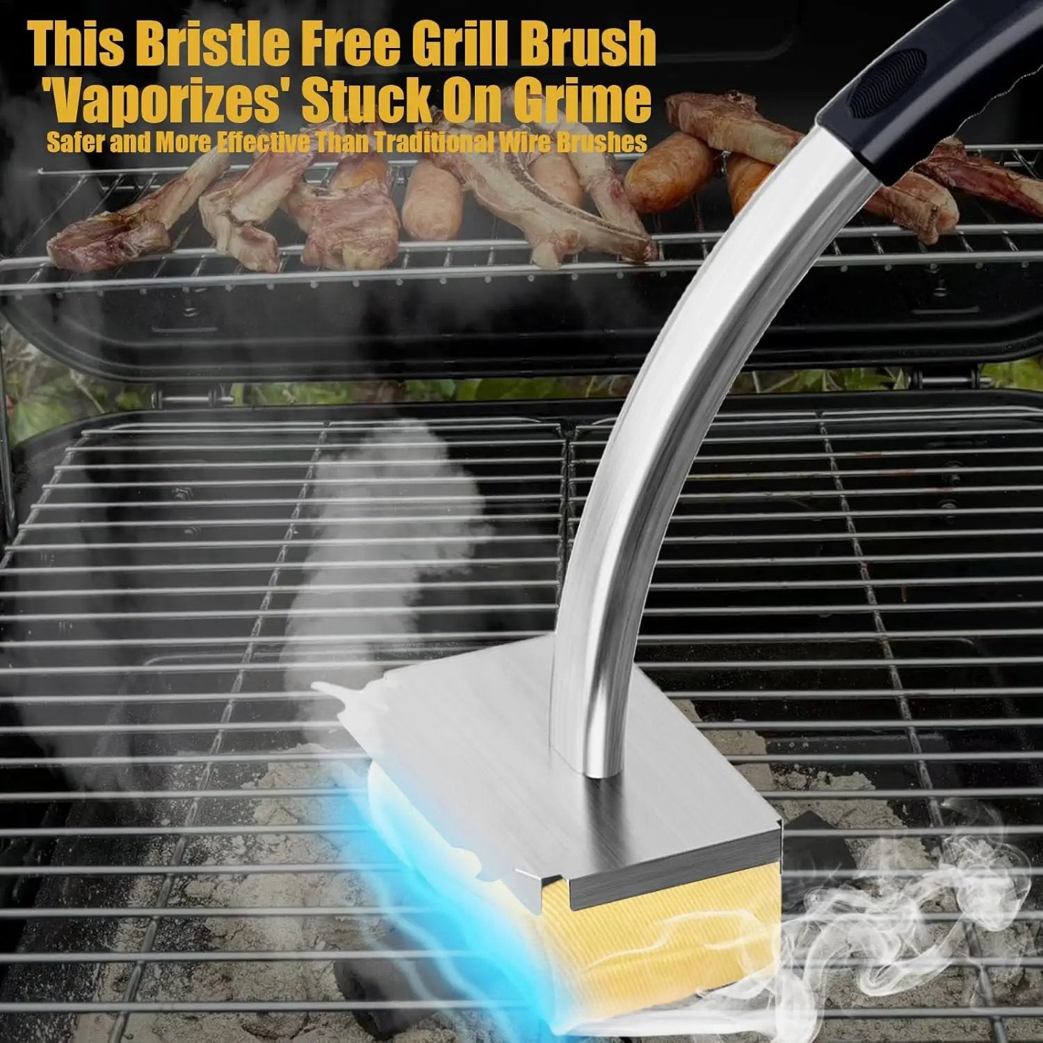 Grill Brush Bristle Free with Hanging Loop,BBQ Safe steam Grill Brush Non Metal bristles,Stainless Steel Cleaning Brush,Includes 2 Replaceable Heads Red by GreenHaven Gardens