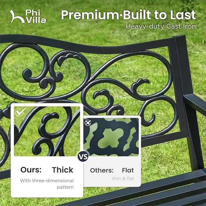 PHI VILLA 50-Inch Cast Iron Steel Frame Garden Bench Outdoor Patio Bench Chair w/Floral Design Backrest, Slatted Seat for Park, Yard & Porch, Black by GreenHaven Gardens
