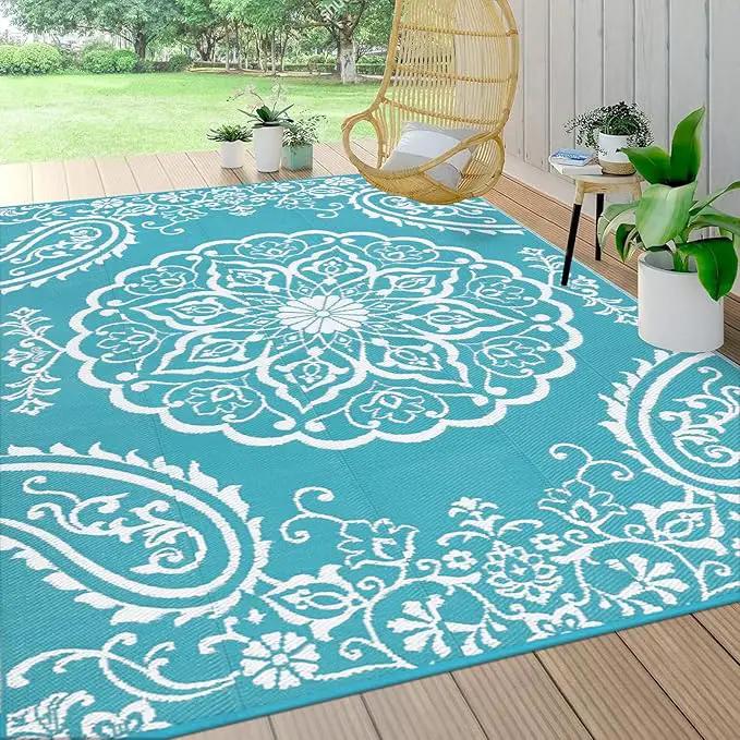 Pauwer Waterproof Outdoor Rug 10x14, Reversible Plastic Straw Patio Camping Rug, Indoor Outdoor RV Mat Carpet for Deck, Camper, Porch, Balcony, Backyard, Picnic, Boho Teal by GreenHaven Gardens