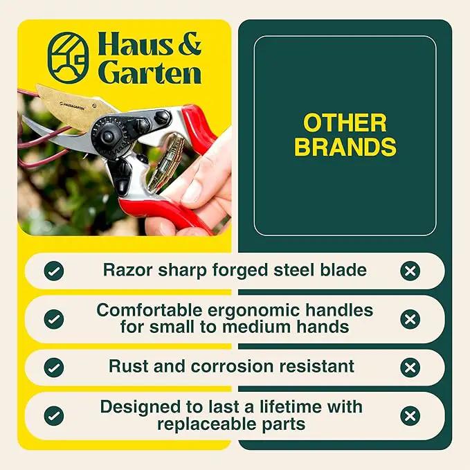 Haus & Garten PrecisionPRO 8" Titanium Pruning Shears - Heavy Duty Professional Bypass Pruner - Use As Rose Clippers, Premium Gardening Secateurs, Garden Scissors, Handheld Yard, Tree, & Plant Tool by GreenHaven Gardens