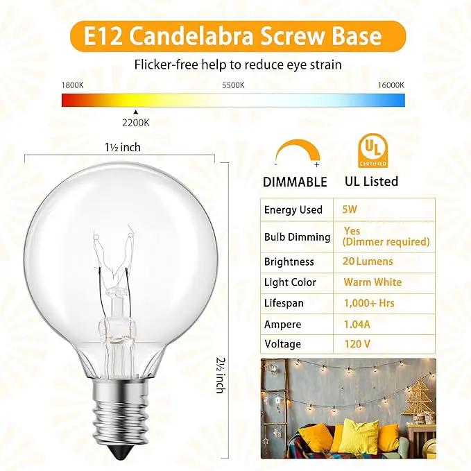 Brightown G40 Replacement Light Bulbs, 25 Pack 5W Clear Globe Bulb fits E12 C7 Candelabra Screw Base Sockets, 1.5 Inch Dimmable Light Bulbs for Indoor Outdoor Patio Decor, Warm White by GreenHaven Gardens