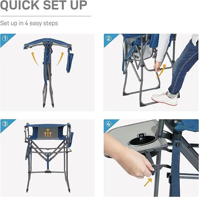 EVER ADVANCED Portable 30.7" Seat Height Tall Folding Chair Directors Chair High Foldable Bar Stool with Side Table for Makeup Artist, Camping, Sports Event, Craft Show, Supports 350LBS Blue Grey by GreenHaven Gardens