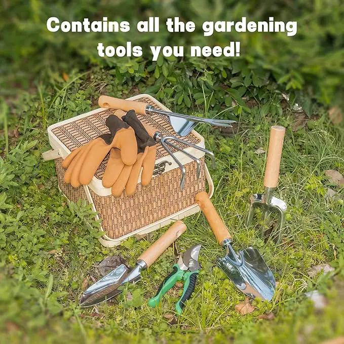 8 Piece Heavy Duty Gardening Hand Tools Set with Bamboo Gift Box Pruning Shears, Weeder and Heavy Duty Stainless Steel Gardening Tools with Wooden Handles - Ideal Gardening Gift for Women by GreenHaven Gardens