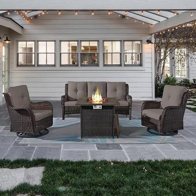 Outdoor Patio Furniture Set with 50000BTU Propane Fire Pit Table, 4 Pieces Wicker Patio Conversation Set with 2 Swivel Rocker Glider Chairs Rattan Sofa Grey Cushion Perfect for Gathering by GreenHaven Gardens