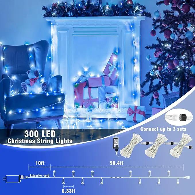 300 LED Christmas Lights Outdoor - 99ft Extra Long Christmas String Lights 8 Modes Plug in Waterproof Fairy Lights with Timer Memory for Indoor Outside Bedroom Home Party Decoration, Blue&White by GreenHaven Gardens
