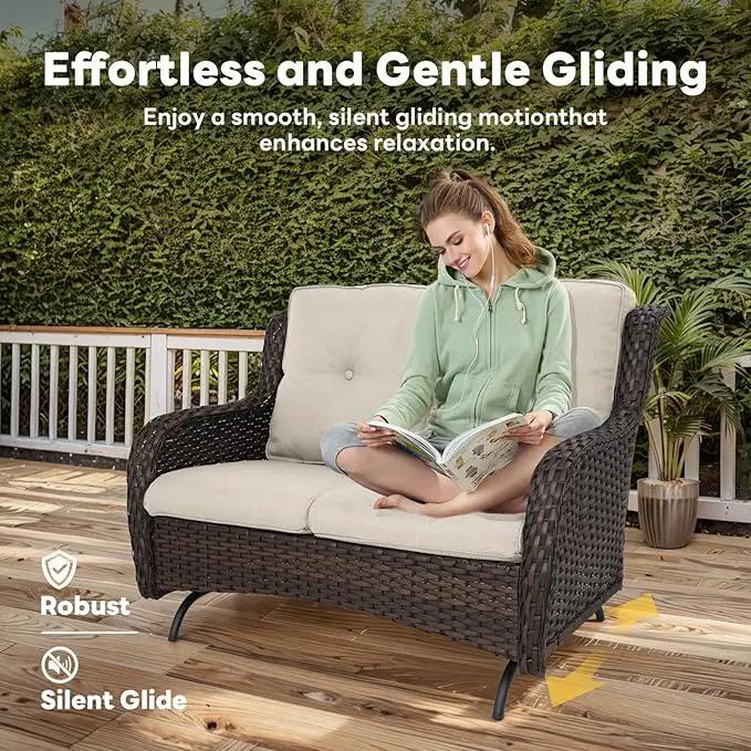 4 Piece Patio Furniture Set - Outdoor Glider Bench with Swivel Rocker Chairs and Coffee Table, High Back Small Outdoor Conversation Furniture Sets for Deck Sunroom Balcony Backyard by GreenHaven Gardens