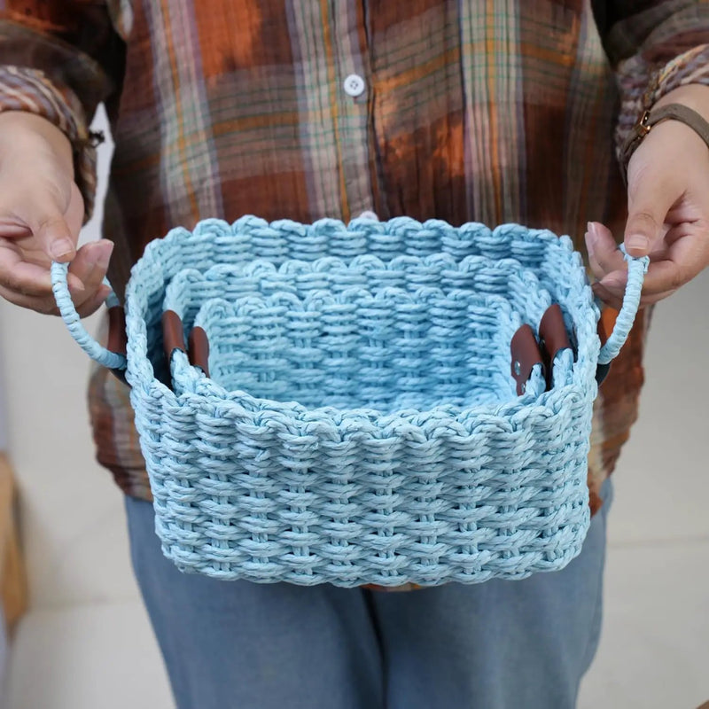 Small baskets for Organizing,Cute woven Storage basket with recycled paper rope for Shelves Bathroom,Little decorative basket,Set of 3 (Sky-Blue) by GreenHaven Gardens