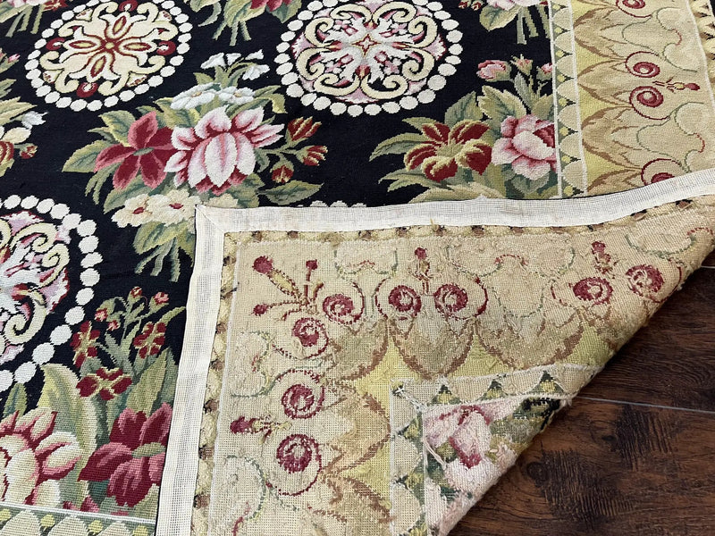 9x12 Black Needlepoint Rug, European Floral Panel Design, Handwoven, Vintage Chinese Needlepoint, Black Green Beige, Wool Rug 9 x 12 by Jewel Rugs