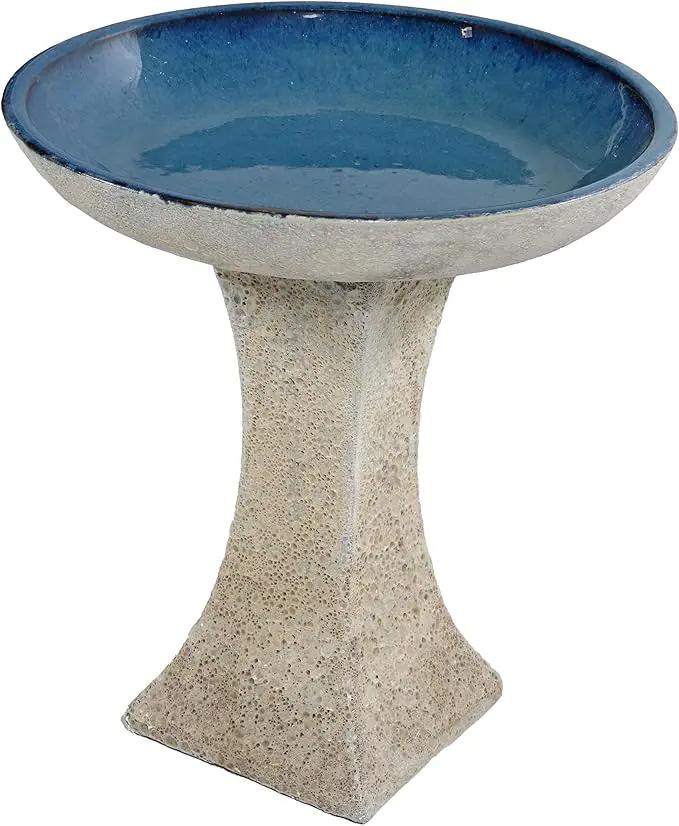 Sunnydaze Ceramic Bird Bath for Outside - 16" H - UV- and Frost-Resistant - Pedestal Bird Bath - Blue Glazed Bowl - White Lava Finish by GreenHaven Gardens