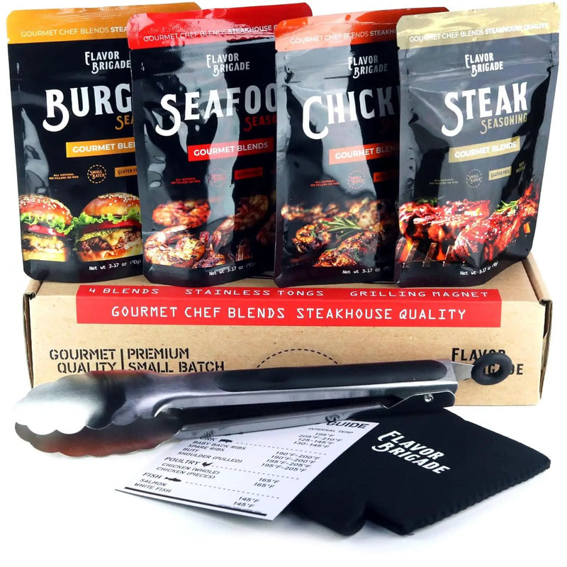 Flavor Brigade Gourmet Grilling Spices Gift Set for Guys, Dad, Men, BBQ Grill Accesories, Smoker, Seasonings, Rub, Steak, Burgers, Chicken, Fish & Stainless Tongs (4 Bags, 7 Piece Set) by GreenHaven Gardens
