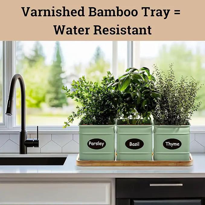 Herb Planter Indoor - 3 Iron Herb Pots with Drainage Holes, Varnished Bamboo Tray, Customizable Labels & Marker Pen - Indoor Herb Garden Planter - 3 Pots for Herbs - Inside Spice Garden - Basil Pot by GreenHaven Gardens