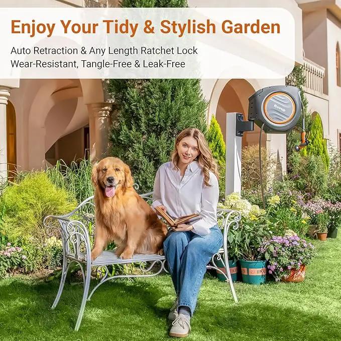 Ruvup Retractable Garden Hose Reel, 5/8in x 100ft Water Hose Reel with Metal Bracket, UV Resistant Automatic Hose Reel Wall Mount for Outside, Slow Retraction Any Length Lock 10 Spray Nozzle by GreenHaven Gardens