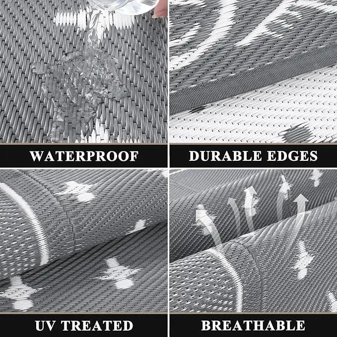 Pauwer Waterproof Outdoor Rug 8x10, Reversible Plastic Straw Patio Camping Rug, Indoor Outdoor RV Mat Carpet for Deck, Camper, Porch, Balcony, Backyard, Picnic, Bordered Grey by GreenHaven Gardens