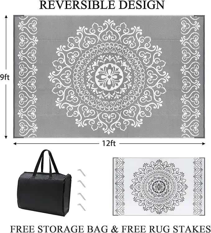 Pauwer Waterproof Outdoor Rug 9x12, Reversible Plastic Straw Patio Camping Rug, Indoor Outdoor RV Mat Carpet for Deck, Camper, Porch, Balcony, Backyard, Picnic, Floral Grey by GreenHaven Gardens