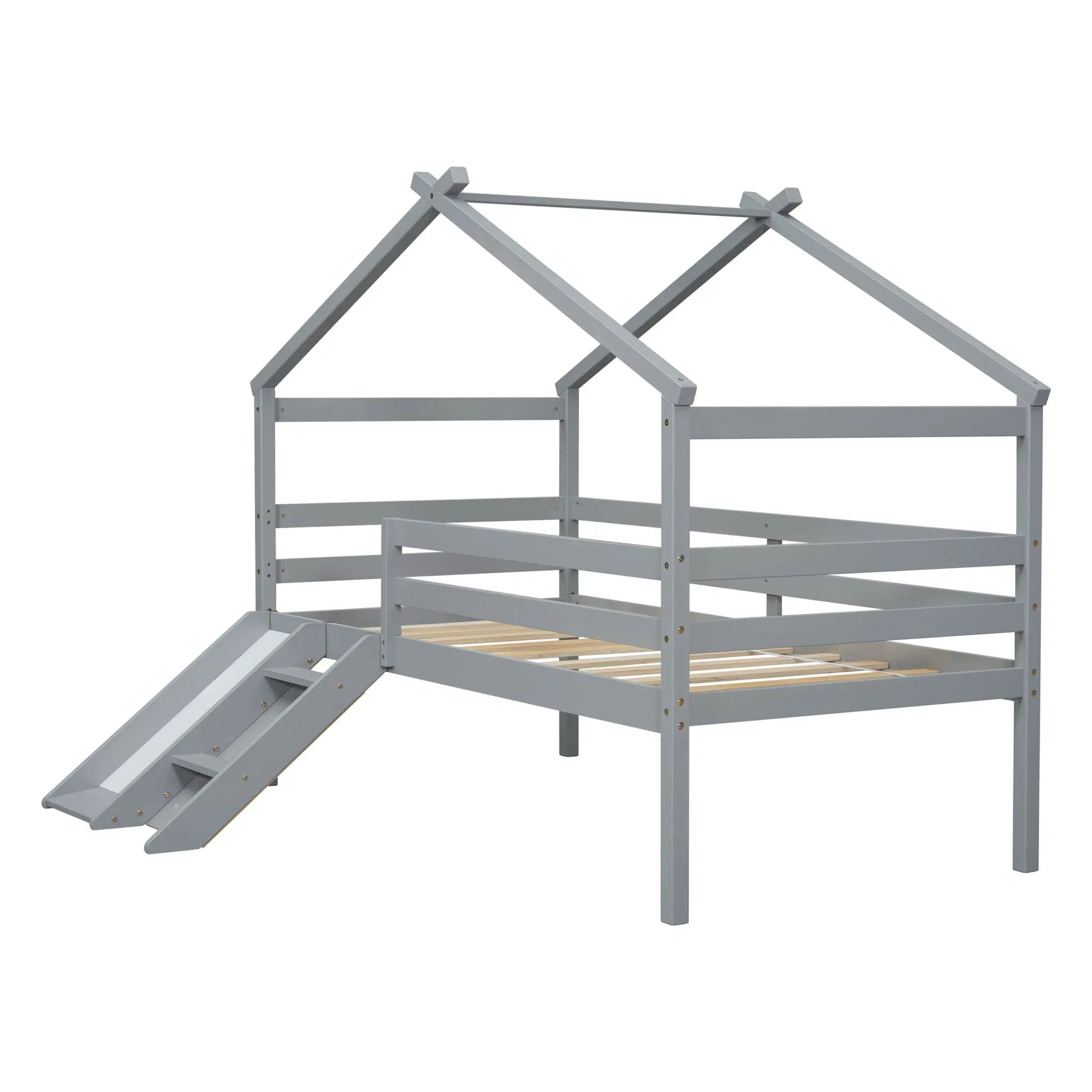 Low Loft House Bed With Slide, Ladder, Safety Guardrails, House Roof Frame by HouseOfZazla