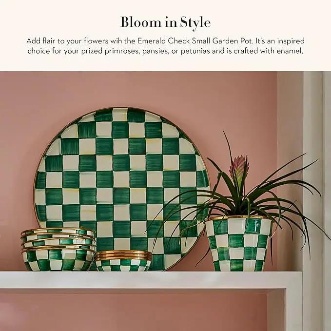 MACKENZIE-CHILDS Enamel Garden Pot, Decorative Pot for Plants, Outdoor Flowerpot Decor, Small, Green-and-White Emerald Check by GreenHaven Gardens