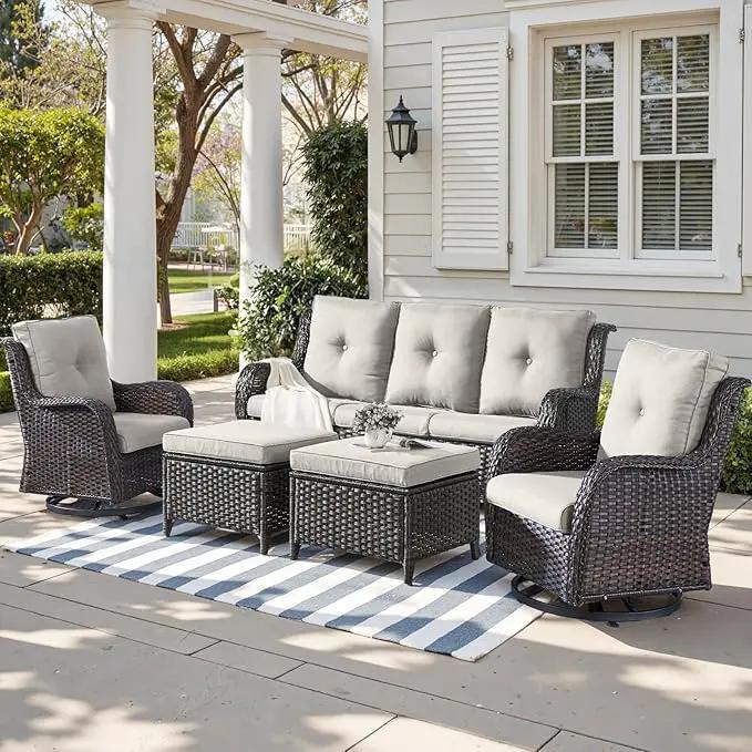 Outdoor Wicker Patio Furniture Set - 5 Piece Rattan Patio Conversation Set with 2 Rocking Swivel Chairs,2 Ottomans and 1 Sofa for Porch Deck Backyard Garden(Brown/Beige) by GreenHaven Gardens