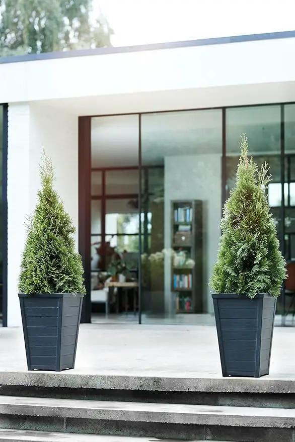 Keter Set of 2 Resin Modern Outdoor 22 Inch Tall Large Flower Pots, Tapered Wood Look Planters for Outdoor Plants and Front Porch Decor, Graphite by GreenHaven Gardens
