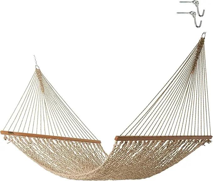 Hatteras Hammocks Deluxe Antique Brown Oatmeal Heirloom Tweed DuraCord Rope Hammock – 13 ft. x 60 in., 2-Person, 450 lb Capacity, Cumaru Spreader Bar, Zinc-Plated Hardware – Handcrafted in The USA by GreenHaven Gardens