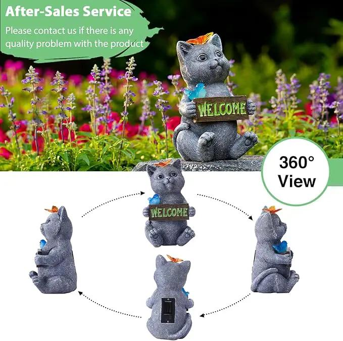 Goodeco Solar Cat with Welcome Sign - Outdoor Cat Statue with Solar Butterfly & Bird Lights - Perfect Cat Decor for Cat Lovers, Ideal Housewarming Gifts for Women & Moms (Gray) by GreenHaven Gardens