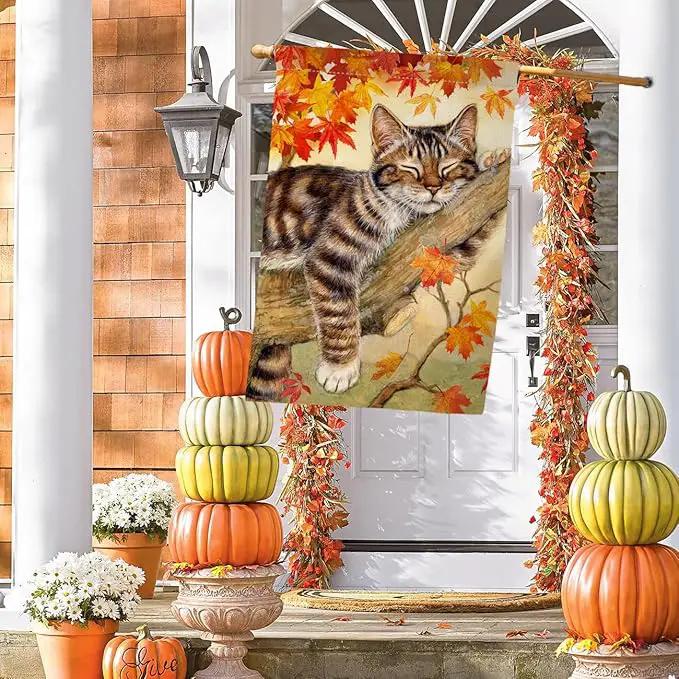 BLKWHT Fall Cat House Flag 28 x 40 Vertical Double Sided Autumn Leaves Thanksgiving Holiday Outside Decorations Burlap Yard Flag BW699-40 by GreenHaven Gardens
