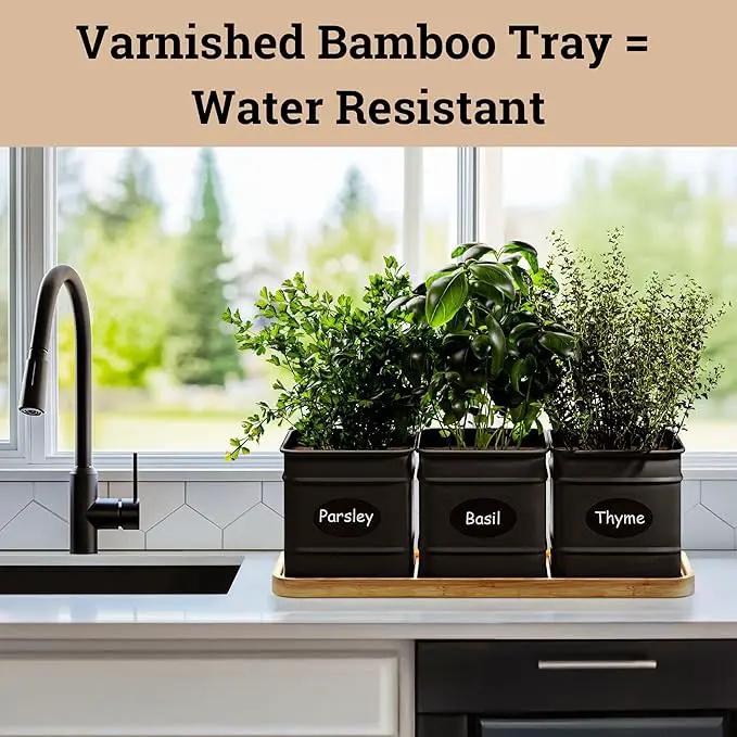 Herb Planter Indoor - 3 Iron Herb Pots with Drainage Holes, Varnished Bamboo Tray, Customizable Labels & Marker Pen - Indoor Herb Garden Planter - 3 Pots for Herbs - Inside Spice Garden - Basil Pot by GreenHaven Gardens