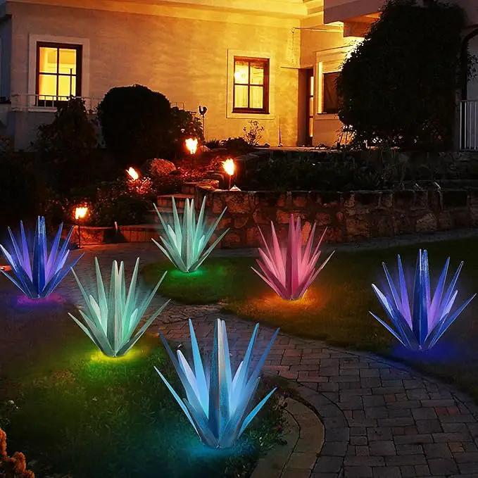 Large Tequila Rustic Sculpture, Rustic Metal Agave Plants for Outdoor Patio Yard, Home Decor Hand Painted Metal Agave Garden Yard Statue, Outdoor Lawn Ornaments (Dark Blue - L (W/Solar Light)) by GreenHaven Gardens