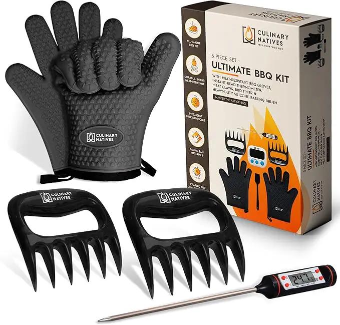Meat Claws and Smoker Gloves | No.1 Heat Resistant BBQ Grill Gloves | Pulled Pork Claws | Thermometer | Silicone Oven Mitts & Razor-Edge Meat Shredders | Barbecue, Grilling, Smoking, Shredding (Black) by GreenHaven Gardens